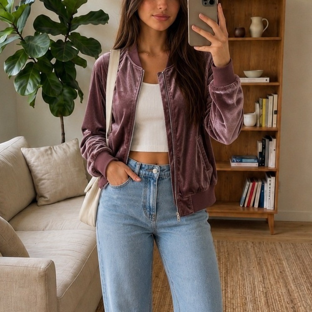 Arizona‎ Womens Velvet Bomber Jacket M Mauve Full Zip Y2K Athleisure Retro Indie